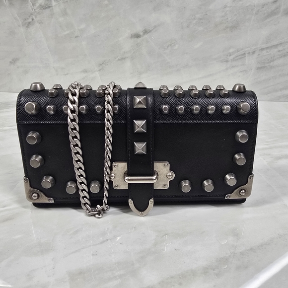 Prada Handbags - Prada Black Leather Studded Crossbody Bag with Silver Hardware